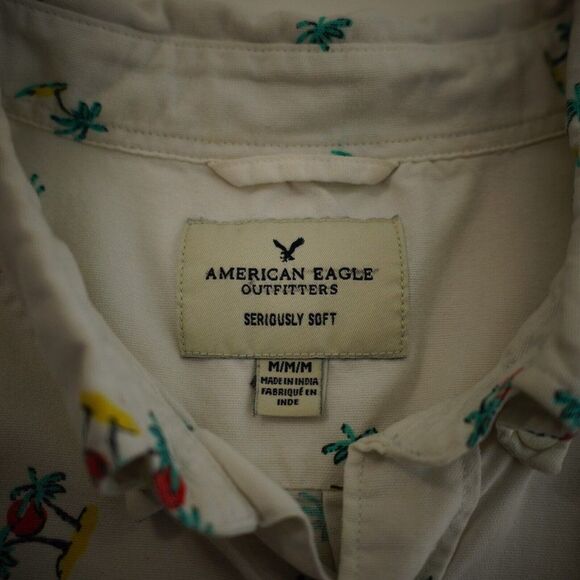 American Eagle Cream Palm Tree Seriously Soft Medium Short Sleeve Button Down - Picture 7 of 10